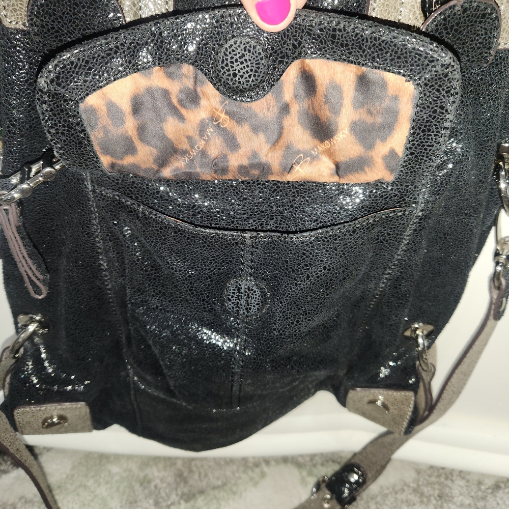 B. Makowsky Large Metallic Crackled Leather Bag - Picture 5 of 7